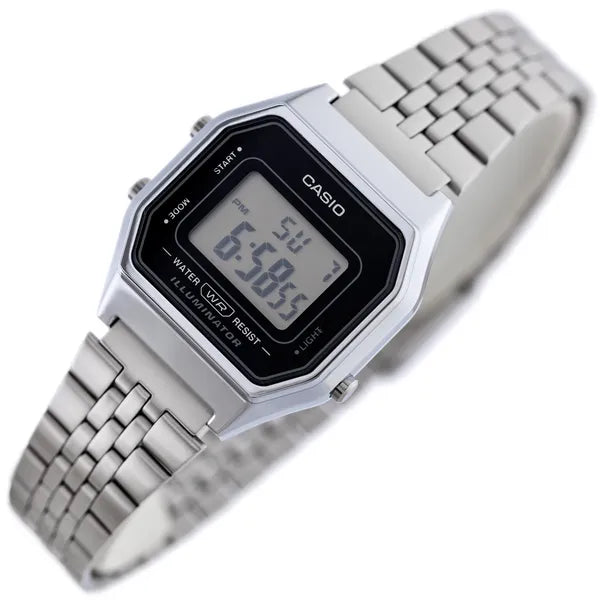 Casio Vintage LA680WA-1 női digitális karóra, ezüst acél, WR30, doboz