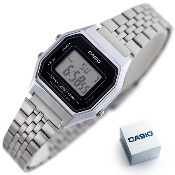 Casio Vintage LA680WA-1 női digitális karóra, ezüst acél, WR30, doboz