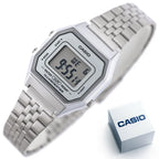 Casio LA680WA-7 női digitális karóra, ezüst, acél szíj, WR30, díszdoboz