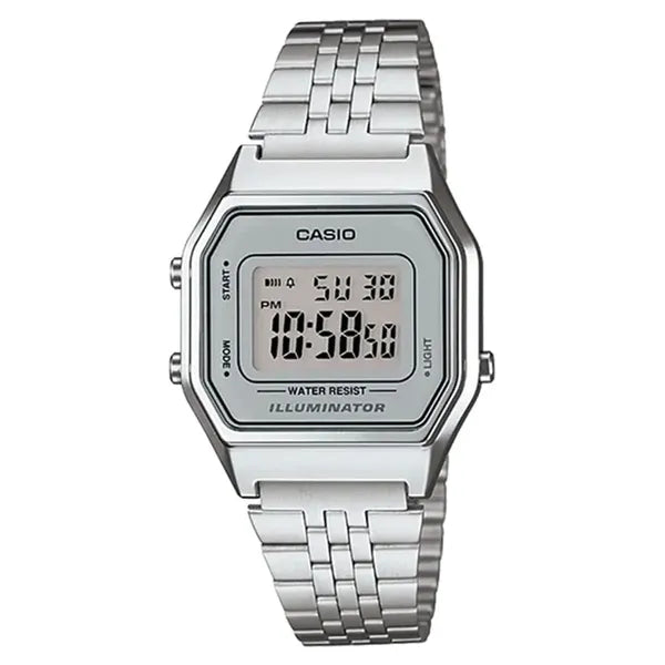 Casio LA680WA-7 női digitális karóra, ezüst, acél szíj, WR30, díszdoboz