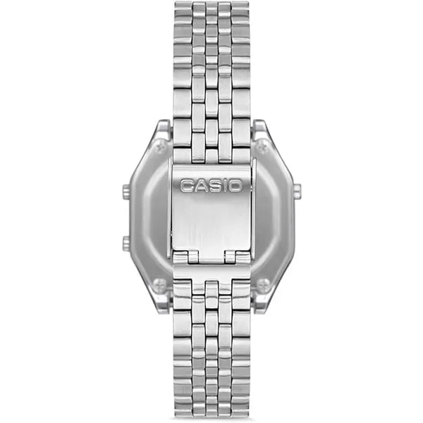 Casio LA680WA-7 női digitális karóra, ezüst, acél szíj, WR30, díszdoboz