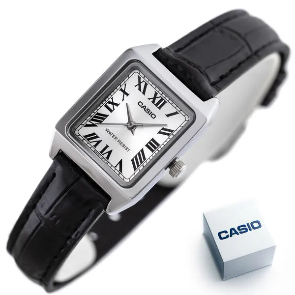 Casio LTP-V007L-7B1 női karóra, téglalap, fekete bőr szíj, ezüst, 30 m vízálló