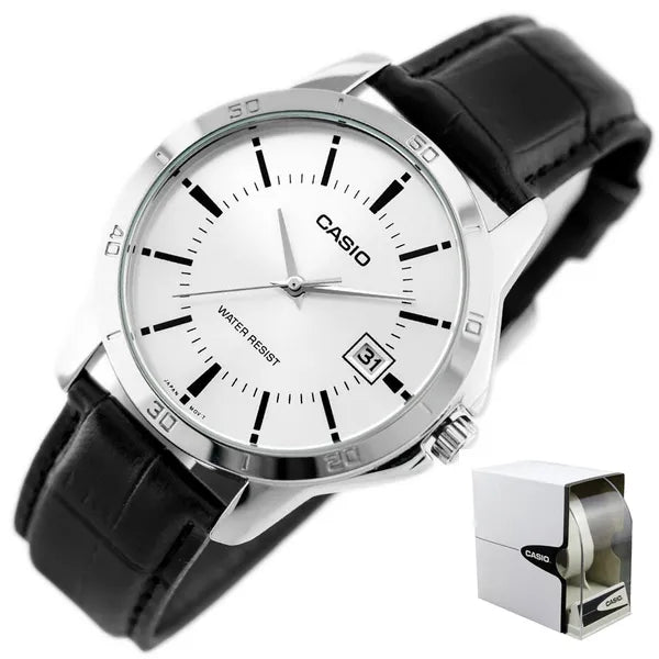 Casio férfi karóra MTP-V004L-7A, ezüst számlap, fekete bőr, WR30, 42 mm