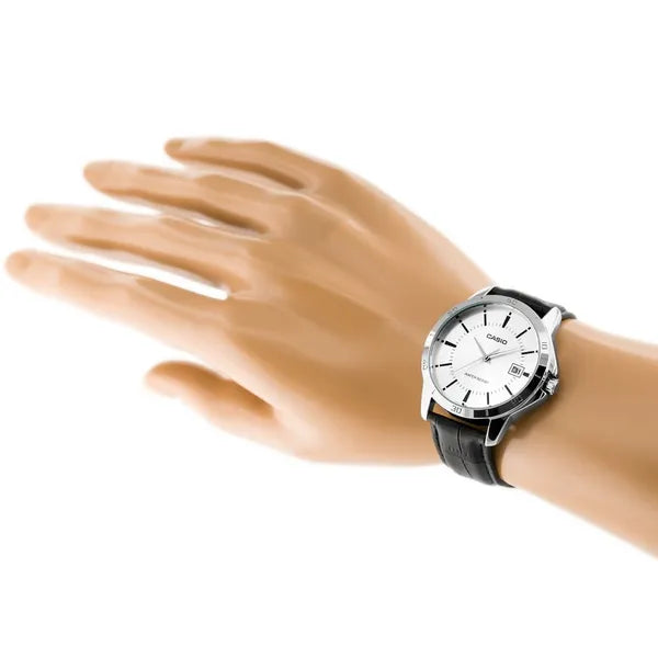 Casio férfi karóra MTP-V004L-7A, ezüst számlap, fekete bőr, WR30, 42 mm