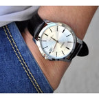 Casio férfi karóra MTP-V004L-7A, ezüst számlap, fekete bőr, WR30, 42 mm