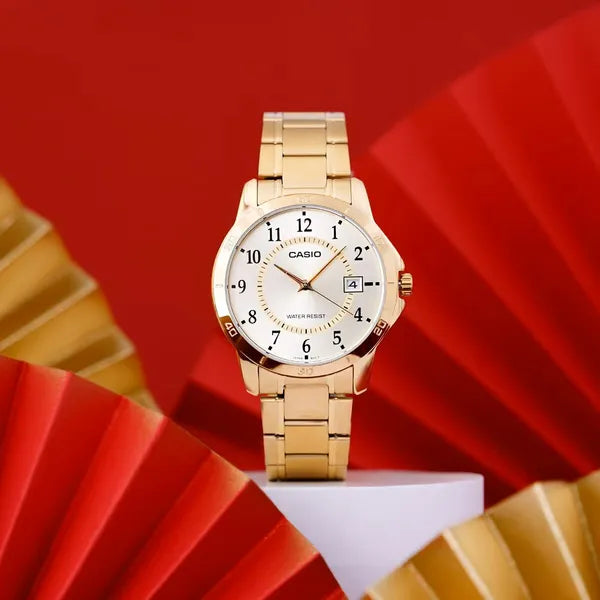 Casio MTP-V004G-9B férfi arany rozsdamentes acél karóra, 42 mm, WR30