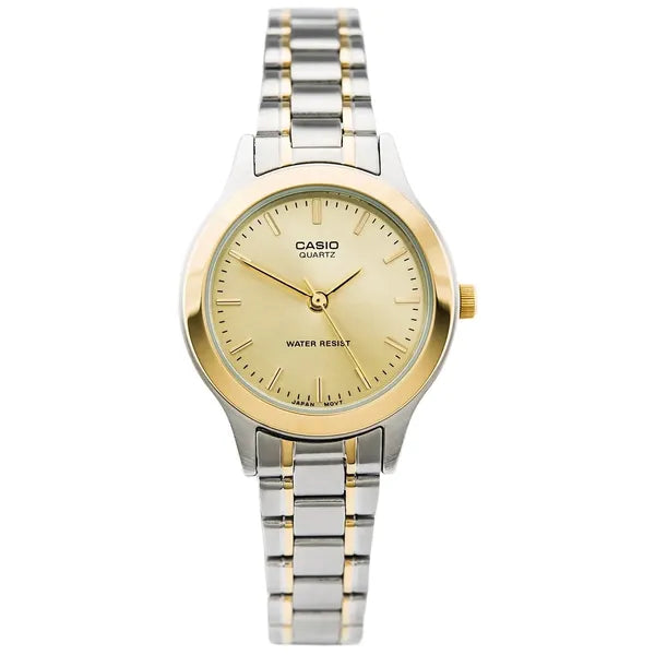 Casio LTP-1128G-9A női kvarc karóra, ezüst–arany, arany számlap, WR30, díszdoboz