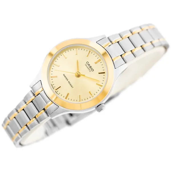 Casio LTP-1128G-9A női kvarc karóra, ezüst–arany, arany számlap, WR30, díszdoboz