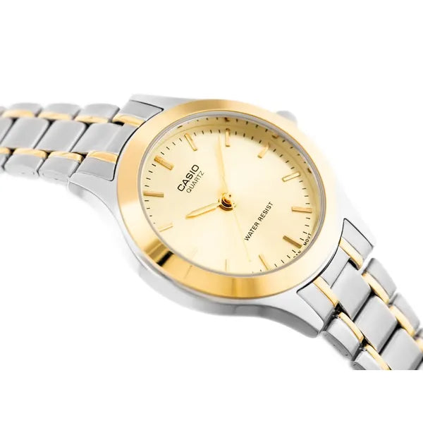 Casio LTP-1128G-9A női kvarc karóra, ezüst–arany, arany számlap, WR30, díszdoboz
