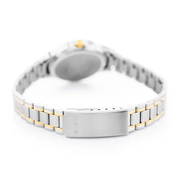 Casio LTP-1128G-9A női kvarc karóra, ezüst–arany, arany számlap, WR30, díszdoboz