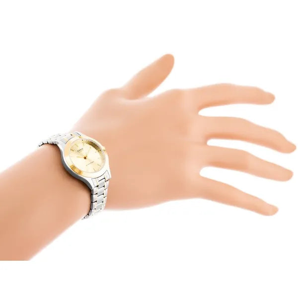 Casio LTP-1128G-9A női kvarc karóra, ezüst–arany, arany számlap, WR30, díszdoboz