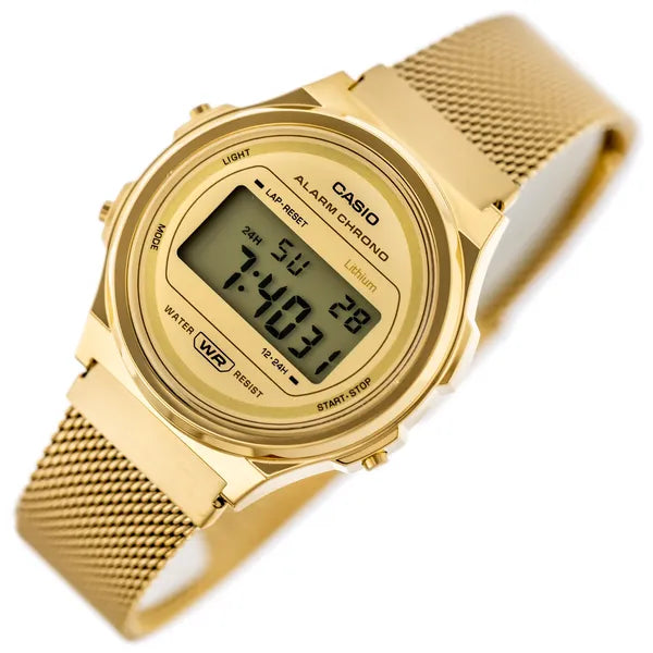 Casio Vintage A171WEMG-9A női karóra, arany, acél szíj, LCD, WR30, 37 mm