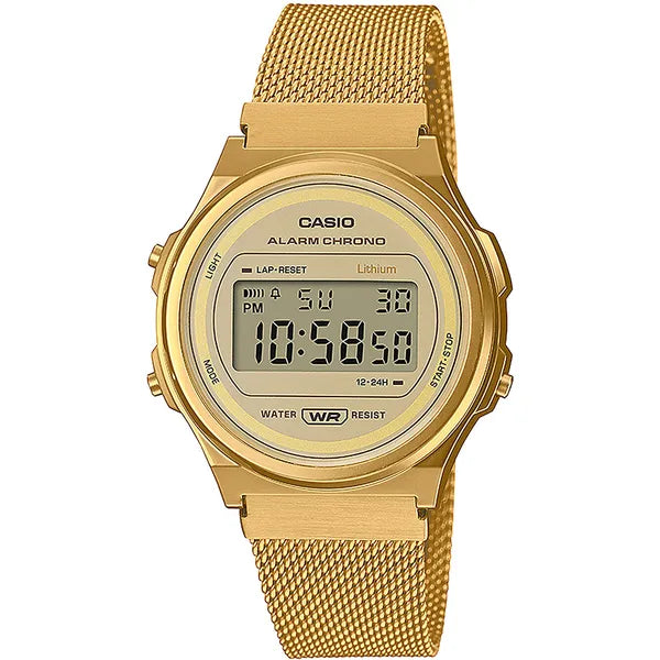 Casio Vintage A171WEMG-9A női karóra, arany, acél szíj, LCD, WR30, 37 mm