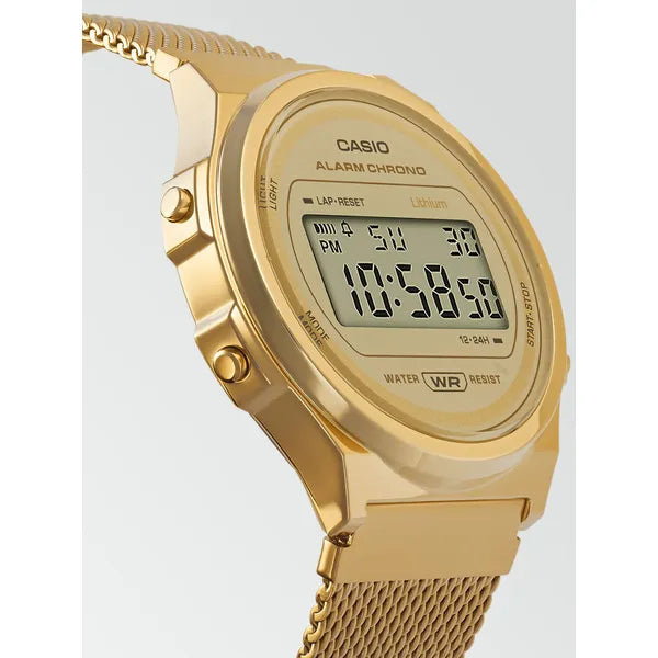Casio Vintage A171WEMG-9A női karóra, arany, acél szíj, LCD, WR30, 37 mm