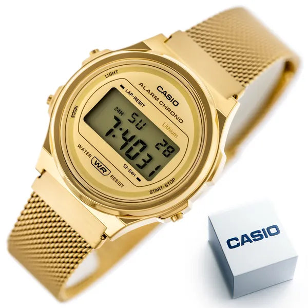 Casio Vintage A171WEMG-9A női karóra, arany, acél szíj, LCD, WR30, 37 mm