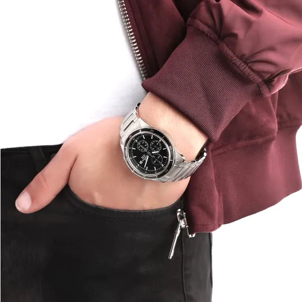 Casio Edifice férfi kronográf karóra, 43 mm, WR100, rozsdamentes acél, fekete