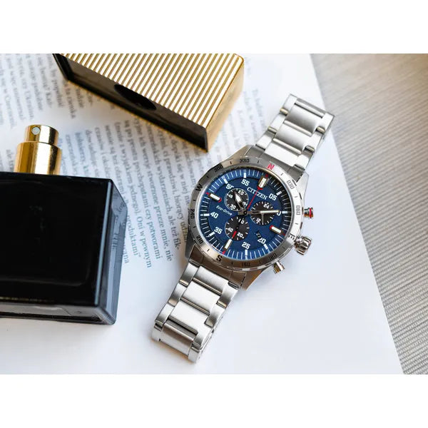 Citizen Eco-Drive férfi kronográf óra, acél, kék számlap, WR100, AT2520-89L