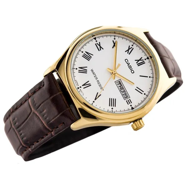 Casio férfi kvarc karóra, aranytok, fehér számlap, barna bőr szíj, WR30, dátum