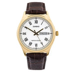 Casio férfi kvarc karóra, aranytok, fehér számlap, barna bőr szíj, WR30, dátum