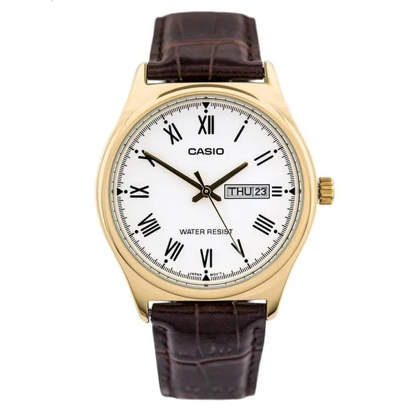 Casio férfi kvarc karóra, aranytok, fehér számlap, barna bőr szíj, WR30, dátum