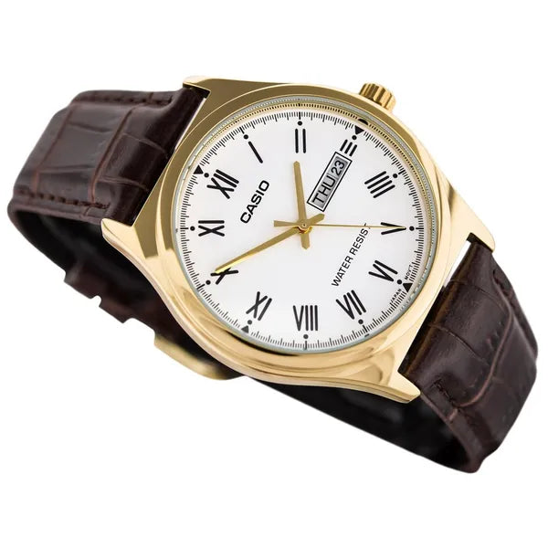 Casio férfi kvarc karóra, aranytok, fehér számlap, barna bőr szíj, WR30, dátum