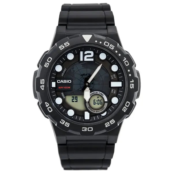 Casio AEQ-100W-1AV férfi karóra, világidő, WR100, gyanta szíj, fekete