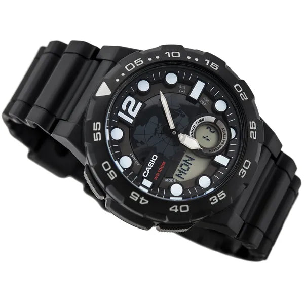 Casio AEQ-100W-1AV férfi karóra, világidő, WR100, gyanta szíj, fekete