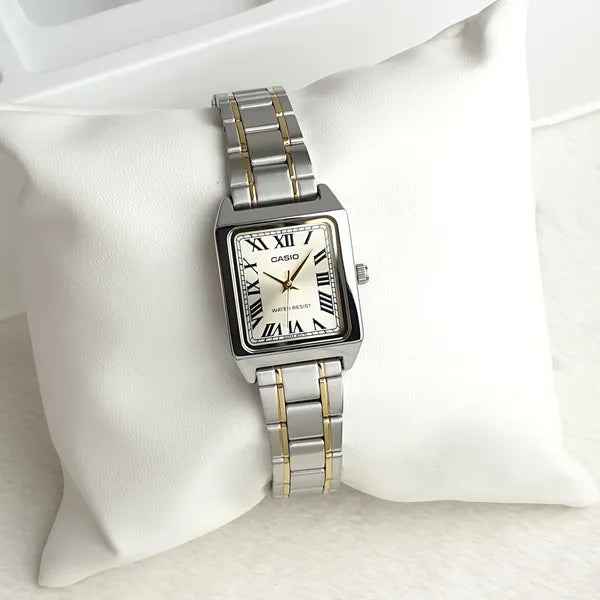 Casio LTP-V007SG-9B női karóra, téglalap, két tónusú acél szíj, arany számlap