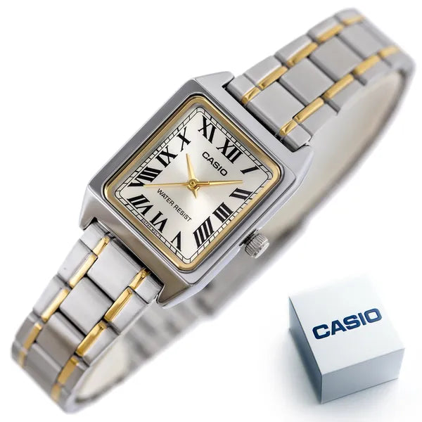 Casio LTP-V007SG-9B női karóra, téglalap, két tónusú acél szíj, arany számlap