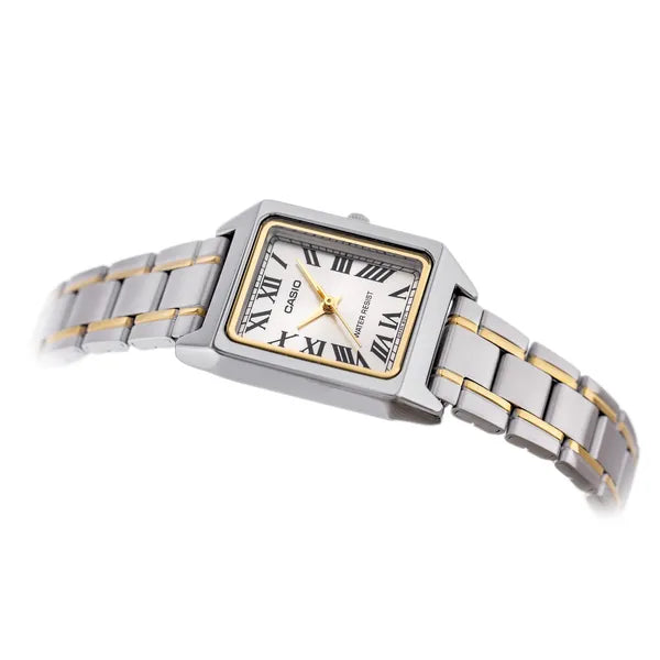 Casio LTP-V007SG-9B női karóra, téglalap, két tónusú acél szíj, arany számlap