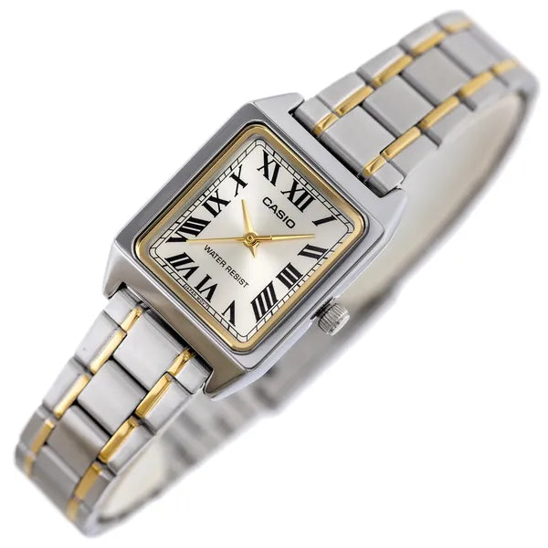 Casio LTP-V007SG-9B női karóra, téglalap, két tónusú acél szíj, arany számlap
