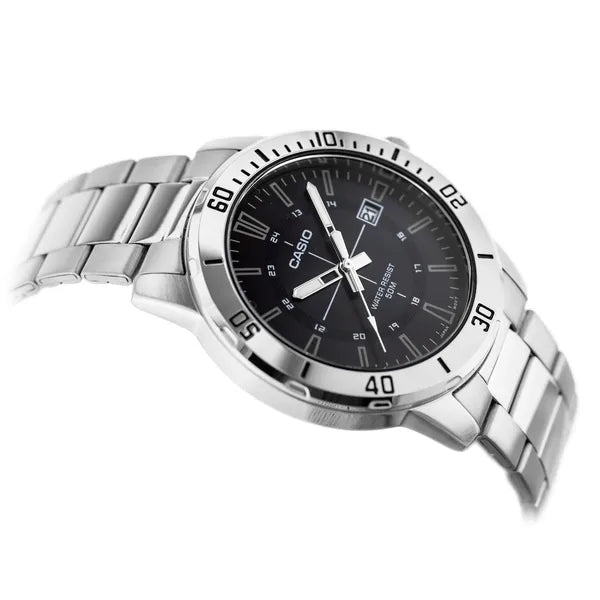 Casio férfi karóra MTP-VD01D-1CVUDF, 44 mm, acél, fekete, WR50, dátum, kvarc