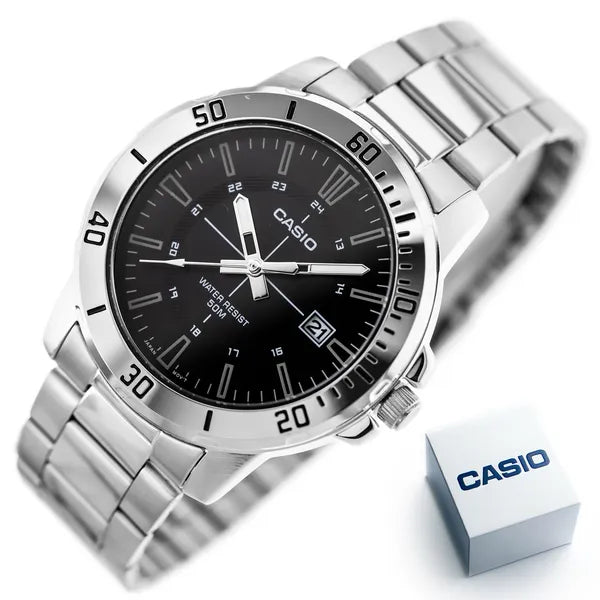 Casio férfi karóra MTP-VD01D-1CVUDF, 44 mm, acél, fekete, WR50, dátum, kvarc