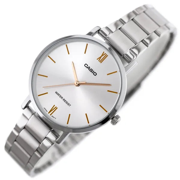 Casio LTP-VT01D-7B női karóra, ezüst, acél szíj, kvarc, WR30, díszdoboz