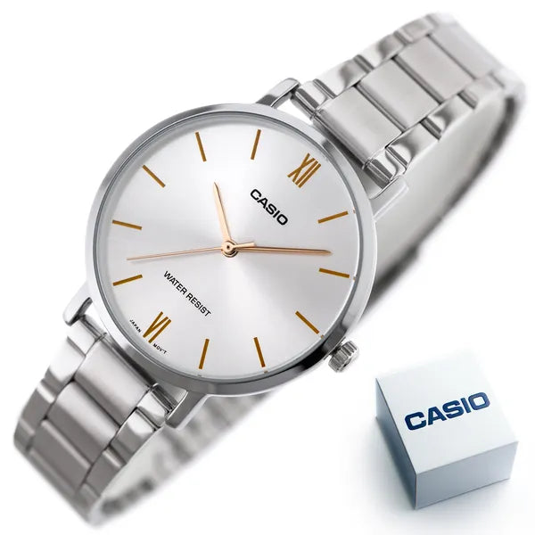 Casio LTP-VT01D-7B női karóra, ezüst, acél szíj, kvarc, WR30, díszdoboz