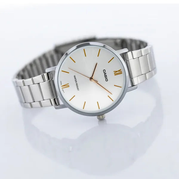Casio LTP-VT01D-7B női karóra, ezüst, acél szíj, kvarc, WR30, díszdoboz