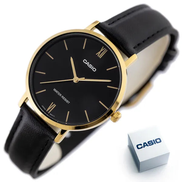 Casio LTP-VT01GL-1B női karóra, kvarc, 34 mm, fekete/arany, bőr szíj