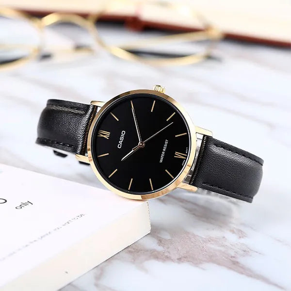 Casio LTP-VT01GL-1B női karóra, kvarc, 34 mm, fekete/arany, bőr szíj