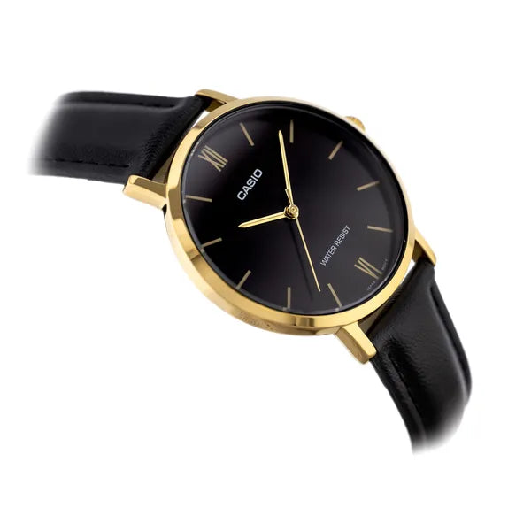 Casio LTP-VT01GL-1B női karóra, kvarc, 34 mm, fekete/arany, bőr szíj