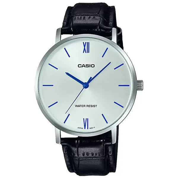 Casio MTP-VT01L-7B1 férfi karóra, 40 mm, ezüst számlap, fekete bőrszíj, WR30