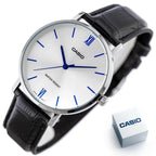Casio MTP-VT01L-7B1 férfi karóra, 40 mm, ezüst számlap, fekete bőrszíj, WR30