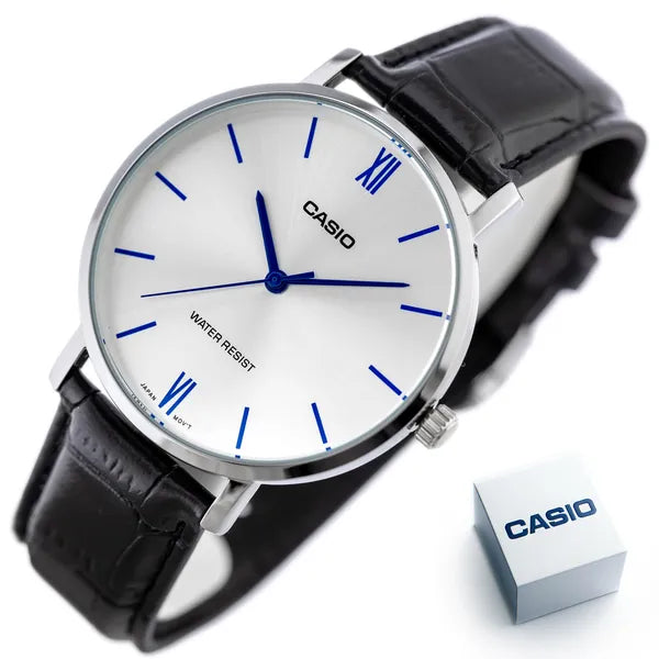 Casio MTP-VT01L-7B1 férfi karóra, 40 mm, ezüst számlap, fekete bőrszíj, WR30