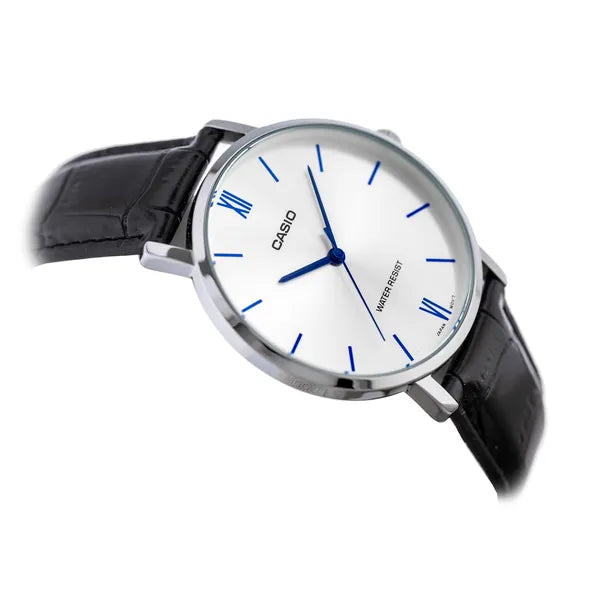 Casio MTP-VT01L-7B1 férfi karóra, 40 mm, ezüst számlap, fekete bőrszíj, WR30