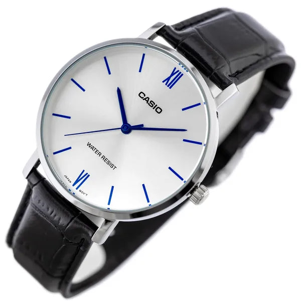 Casio MTP-VT01L-7B1 férfi karóra, 40 mm, ezüst számlap, fekete bőrszíj, WR30