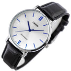 Casio MTP-VT01L-7B1 férfi karóra, 40 mm, ezüst számlap, fekete bőrszíj, WR30