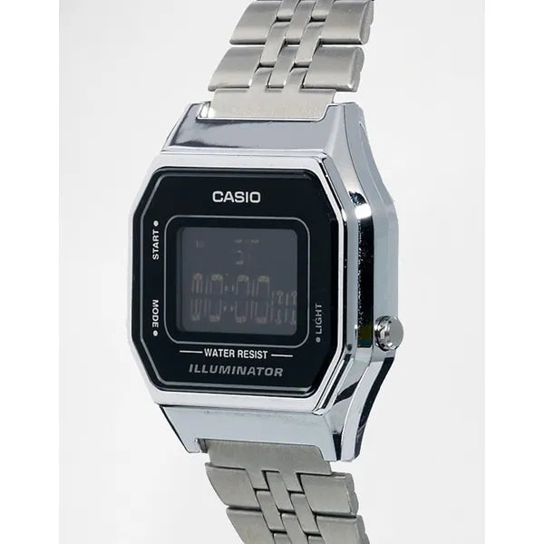 Casio LA680WA-1B női digitális vintage karóra, ezüst acél, fekete, WR30, doboz