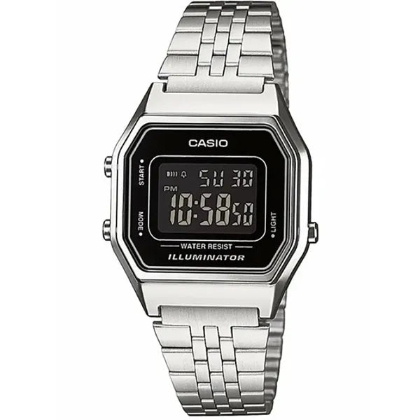 Casio LA680WA-1B női digitális vintage karóra, ezüst acél, fekete, WR30, doboz