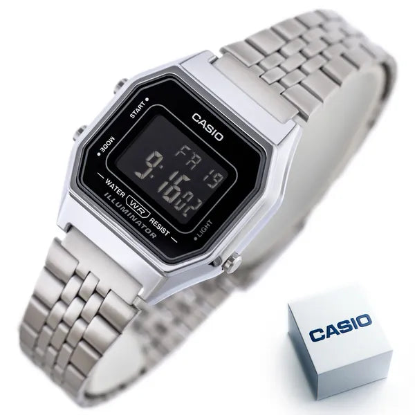 Casio LA680WA-1B női digitális vintage karóra, ezüst acél, fekete, WR30, doboz