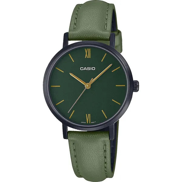Casio női karóra LTP-VT02BL-3A, zöld számlap, zöld bőr szíj, 30 mm, WR30