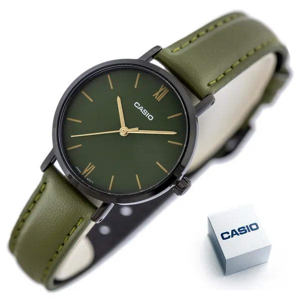 Casio női karóra LTP-VT02BL-3A, zöld számlap, zöld bőr szíj, 30 mm, WR30